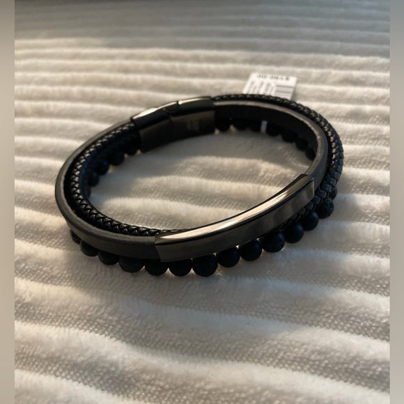 MEN'S ONYX&LAVA BEAD TRIPLE ROW BRAIDED LEATHER BRACELET BLACK ION-PLATED SS J47